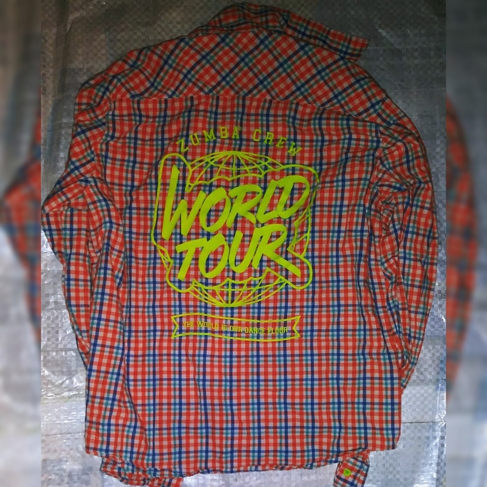 Zumba Button Up Long Sleeve Shirt size Large Lovely Orange Plaid World Tour NWT